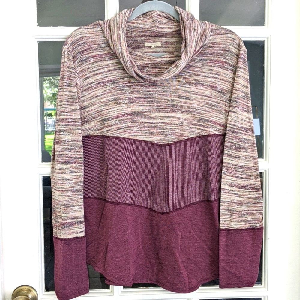 Women's Large Maurices Color Block Cowl Neck Sweater Top Purple Multicolor Soft